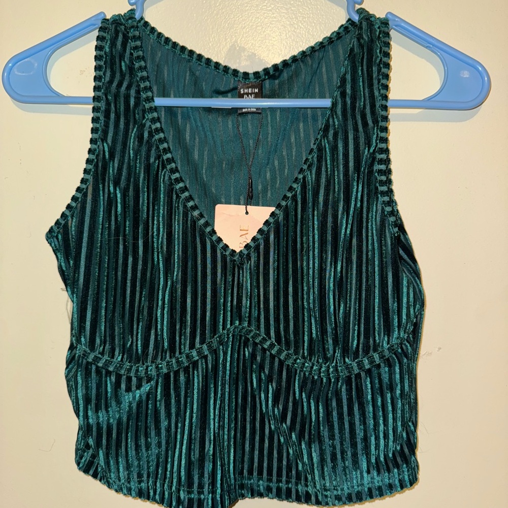 SHEIN Teal Velvet Striped Crop Top